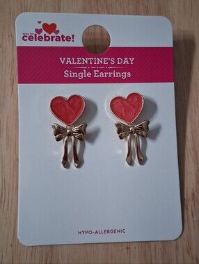Valentine's Heart Bow Earrings - Red and Gold